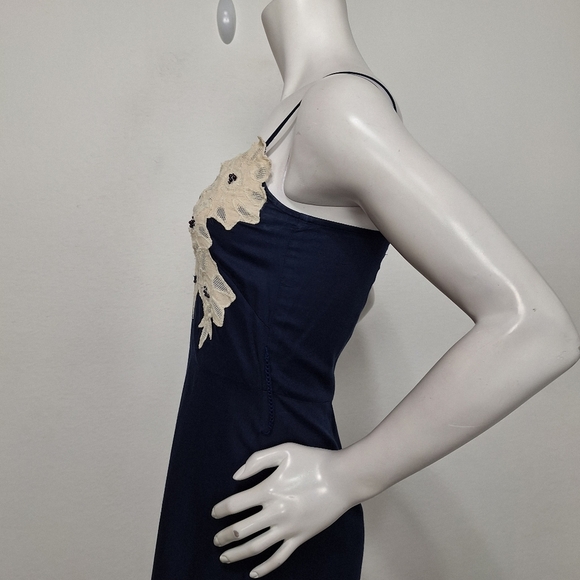 Odille Anthropologie Navy Blue Cream Rice Paper Garden Floral Midi Dress Size 2 - Picture 9 of 13